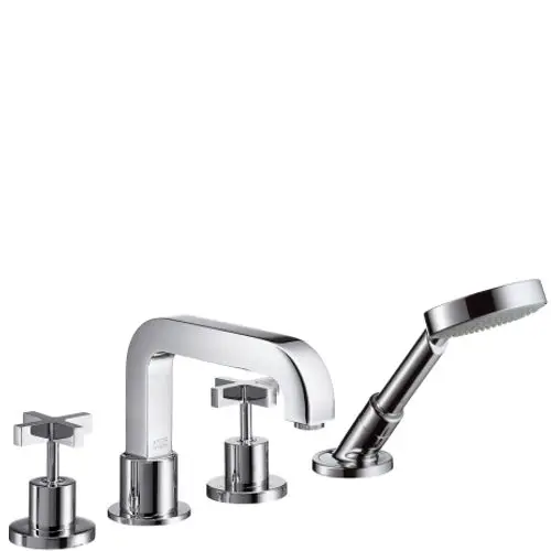 Vierteilige Citterio Wannenrandarmatur von AXOR in chromfarbener Ausführung, bestehend aus einem Wasserhahn und zwei Kreuzgriffen, sowie einer Handbrause.